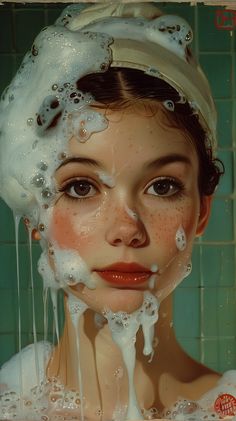 a painting of a woman with soap on her face and water dripping from her head