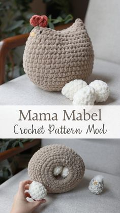 a crocheted chicken is sitting on a chair with the text mama mabel croche