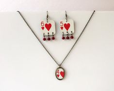 "Need a fun and unique gift for your bridge or poker group? Want to remember a recent trip to Vegas? These jewelry pieces are one-of-a-kind and are hand-crafted from playing cards. They're sure to stand out! All cards are the Bicycle brand, and you can see the familiar pattern on the back of the earrings (fifth image). The earrings have the finishing touch of dangling red glass beads. The necklace comes with a lobster-type clasp, and the chain is 18\" long unless requested otherwise. All the met Trip To Vegas, Poker Gifts, Hearts Playing Cards, Bicycle Cards, Card Necklace, Shrinky Dink, Group Gifts, Plastic Jewelry, Heart Cards