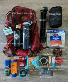 the contents of a backpack laid out on a wooden floor