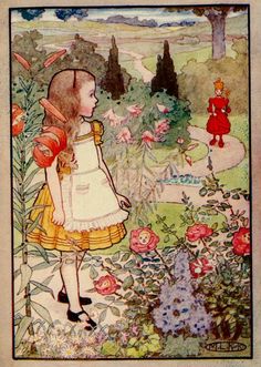 the little red riding horse is looking at flowers in the garden, and there are two children