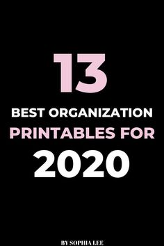 the text 13 best organization printables for 2020 is shown in pink and black