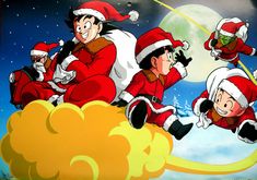 an animated christmas scene with santa claus and other characters flying through the air in front of a full moon