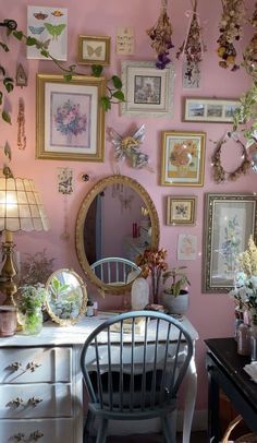 Flower Home Aesthetic, Bedroom Wall Art Pink, Princess Home Aesthetic, Thrifting Aesthetic Home Decor, Rose Wall Bedroom, Aesthetic Room With Pink Walls, Victorian Pink Aesthetic, Drapes On Walls, Eclectic Bedroom Pink