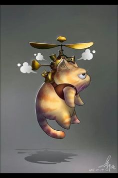 a cat flying through the air with a helicopter on its head and wings above it