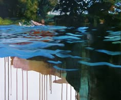 a painting of a man swimming in the water with trees and grass behind him, as well as dripping paint