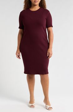 This staple T-shirt dress is softly structured with ribbed detailing, making it a perfect base that can be worn solo or with a layer as the seasons change. 42" length Crewneck Short sleeves 46% cotton, 30% viscose, 21% polyester, 3% elastane Machine wash, dry flat Imported Universal Standard, Seasons Change, Black Cherry, The Seasons, Changing Seasons, Nordstrom Dresses, T Shirt Dress, Shirt Dress, Short Sleeves