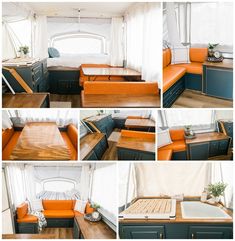 several pictures of a camper's kitchen and living room with orange couches