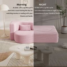 a pink couch sitting on top of a rug next to a white table and lamp