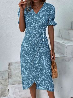 Ditsy Floral Flounce Sleeve Wrap Hem Dress | justfashionnow Printed Non-stretch Short Sleeve Midi Dress, Fitted Short Sleeve Midi Dress For Vacation, Casual Printed Short Sleeve Midi Dress, Fitted Short Sleeve Casual Midi Dress, Casual Fitted Midi Dress With V-neck, Casual Fitted Midi Dress With Short Sleeve, Fitted Short Sleeve Midi Dress For Beach, V Neck Midi Dress, Vestido Casual