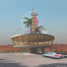 a futuristic building with palm trees on top and a pink car in the foreground