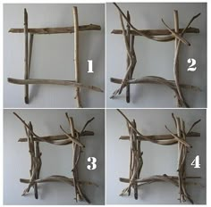 four pictures showing how to make a driftwood wall hanging frame with branches on each side