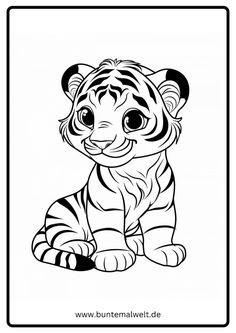 a black and white drawing of a tiger cub sitting down with its eyes wide open