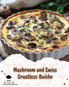 mushroom and swiss crustless quiche on a cutting board