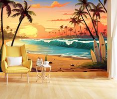 a living room scene with a surfboard on the beach and palm trees in the background