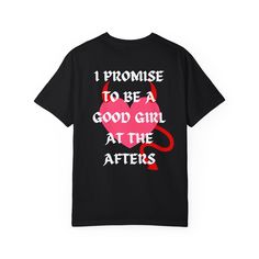 I Promise to be a Good Girl at the Afters exudes a fun and rebellious vibe, perfect for those who love to party and have a good time. It is ideal for party-goers, festival attendees, and those who enjoy the nightlife scene. This tee is also a great choice for celebrations like birthdays, bachelorette parties, and music festivals. You can also gift it to your favorite rave babe that loves to claim "it's gonna be a chill night".  Product features - Available in sizes S to 3XL for the perfect fit - Design in the front and back - Double-needle stitching for durability - Made with high-quality, 100% ring-spun US cotton, so it's super soft! Care instructions - Machine wash cold and tumble dry on low heat to preserve design and shirt.  ** Possible shrinkage if you dry on high heat, due to T-shirt Pink Rave Outfit, Cute Rave Outfits, Rave Shirt, Rave Fit, Rave Tshirt, Chill Night, Rave Shirts, Outfit Rave, Rave Babe