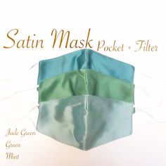 "what fabric is this mask made of? Front layer is 100% Satin Fabric and back layer is a very soft jersey cotton, comes with Pocket and free pm2.5 filter included! S I Z E - Measures 5.0\" nose to chin x 8.5\" across. We also offer custom sizing for an additional fee per mask. Pls inquire if you need a custom sized SATIN mask. I N C L U D E D - 2 Layer with pocket and free pm2.5 filter - High quality Satin Front and Soft Jersey Cotton touching face - Filter pocket - No Nose Wire as this mask has Touching Face, Mint Green Bridesmaids, Luxury Face Mask, Wedding Mask, Mask Light, Party Face Masks, Green Face Mask, Bridal Mask, Blue Face Mask