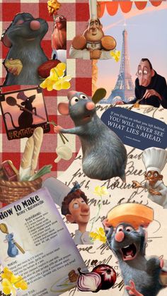 the rat and mouse movie poster is shown in this collage with many different characters