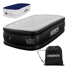 an inflatable bed and bag with the logo arebos on it next to each other