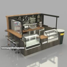 an image of a small food cart that is in the shape of a restaurant or coffee shop