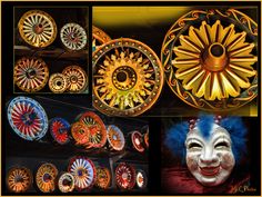 several different types of carnival masks and their colors are featured in this collage with the caption's description below