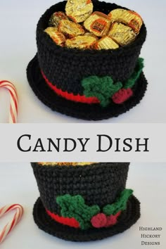 two crocheted christmas hats with candy canes in the bottom and candy dish on top