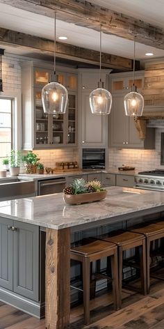 Kitchen With Open Dining Room, 3x6 Kitchen Island With Seating, Rustic Kitchen Islands With Seating, Modern Farmhouse Kitchen Design Open Concept, Modern Shabby Chic Kitchen, Kitchen Ideas With An Island, Home Remodeling Kitchen Modern, Farmhouse Chic Design, Kitchen Island With Different Countertop