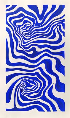 a blue and white painting with wavy lines