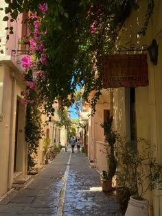 an alley way with potted plants and people walking down it