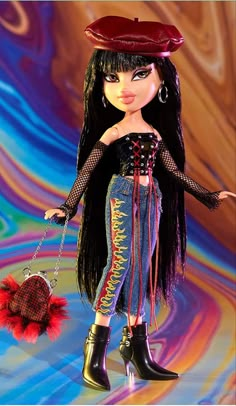 a doll with long black hair holding a purse and wearing high heeled boots on a colorful background