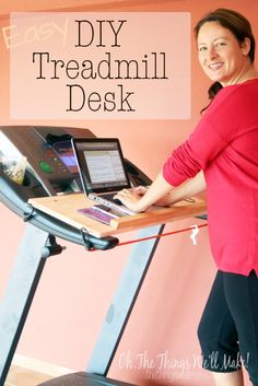 a woman standing in front of a treadmill desk with the words easy diy treadmill desk on it