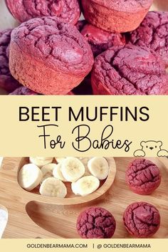 some red muffins are on a cutting board with bananas and other food items