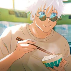 an anime character eating rice with chopsticks and looking at the camera while wearing sunglasses