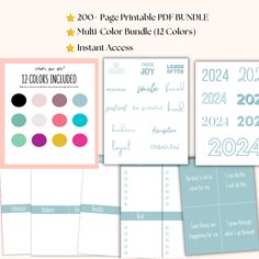 the printable planner pages are shown with different colors and numbers on them, including two sheets