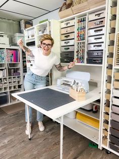 best Cricut organization projects 2022 Cricut And Heat Press Desk, Printer And Cricut Stand, Multiple Cricut Machine Shelf, Vinyl Shirt Work Station, Cricut Desk Cart, Printer Storage, Basement Organization, How To Use Cricut, Organizing Labels