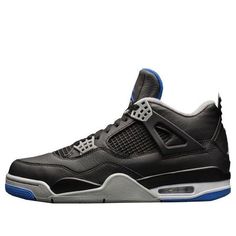 The 2017 Air Jordan 4 Retro ‘Motorsports Alternate’ is a reimagining of a limited edition colorway that was gifted to Michael Jordan’s 16-member motorcycle racing team back in 2006. This version of the Air Jordan 4 Retro features a black leather upper with contrasting Matte Silver detailing on the molded eyelets, collar lining and Jumpman heel logo. A second Jumpman icon graces the woven tongue tag in Game Royal. A polyurethane midsole with visible Air cushioning anchors the classic mid-top silh Back In 2006, Jordan 4 Retro, Air Jordan 4, Air Jordan 4 Retro, Mid Top, Logo A, Motorcycle Racing, Racing Team, Michael Jordan