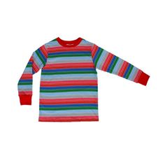 Child's Rainbow Stripe Good Buddy Horror Shirt Fun Long Sleeve T-shirt For Playtime, Fun Red Tops For Fall, Playful Long Sleeve Bedtime Tops, Multicolor Cotton Sleepwear With Crew Neck, Fun Multicolor Long Sleeve Sleepwear, Playful Multicolor Long Sleeve Sleepwear, Playful Long Sleeve Tops For Sleepovers, Fun Multicolor Long Sleeve Shirt, Cute Multicolor Tops For Fall