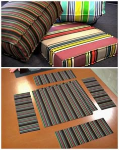 four different pictures of the same chair cushion and table with matching placemats on it