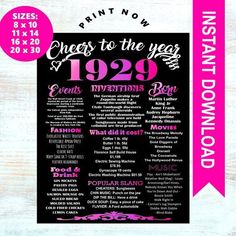 a pink and black poster with the words cheers to the years 1920