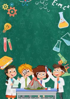 kids in lab coats standing around a table with books and beakles on the chalkboard