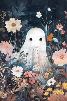 a painting of a ghost surrounded by flowers