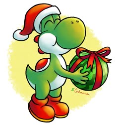 an image of a cartoon dinosaur holding a christmas ornament with a santa hat on