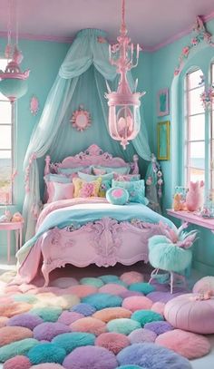 a pink and blue bedroom with lots of pillows