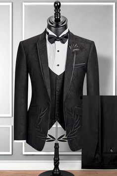 Piece: Two-piece,Three-piece Button: Single Breasted Occasion: Wedding Neckline: Notched Lapel Material: Polyester & Polyester Blend Pattern: Jacquard Pocket: With Flap Black Groom Suit, Wedding Suit For Men, Black Groom, Suits Groom, Wedding Tuxedo, Man Clothes, Stylish Man, Suit For Men, Prom Suits