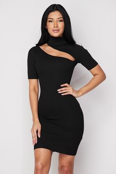 Make your mark wearing this black ribbed knit keyhole dress. Features a slanted cut cut key hole and mock neckline.  Mock neckline Keyhole design Short sleeve Ribbed knit bodice Stretchy Fabric: 90% Poly - 10% Nylon Length: 36" Keyhole Dress, Black Short Dress, Black Mini Dress, Fabulous Dresses, Mock Neckline, Key Hole