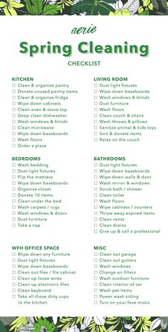 the spring cleaning checklist is shown in green and white flowers, with words above it