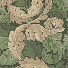 an image of a wallpaper with leaves and flowers in green, beige and tan colors