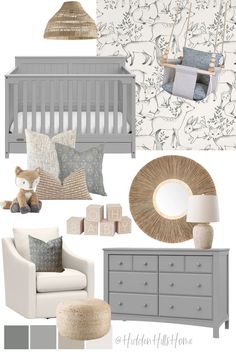 a baby's nursery room with gray furniture and accessories