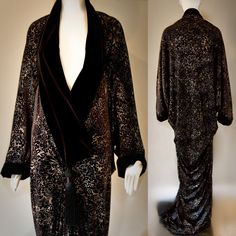 Old Hollywood elegance- black embossed robe-darkest black velvet collar and cuffs. 1920s glamour just like Lady Mary would have worn! Elegant softly draped, Old Hollywood inspired, beautiful embossed velvet cocoon robe with luscious dramatic ,soft black velvet collar,cuffs and tassel details. Beautifully draped, elegant robe, Hook and eye front closure. Inspired by Art Nouveau and Erte this gorgeous cocoon robe will envelope you in DRAMA and make you feel like the glamorous diva you are. Perfect Fitted Black Party Robe, Fur Edged Robe, Luxury Black Art Deco Dress, Black Velvet Robe, Old Hollywood Feather Robe, Old Hollywood Fur Coat, 1920s Glamour, Hollywood Glamour Wedding, Lady Mary