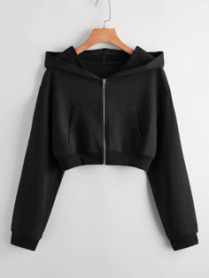 Solid Zip Up Crop Hoodie | ROMWE USA Mode Indie, Stylish Hoodies, Crop Hoodie, Casual Style Outfits